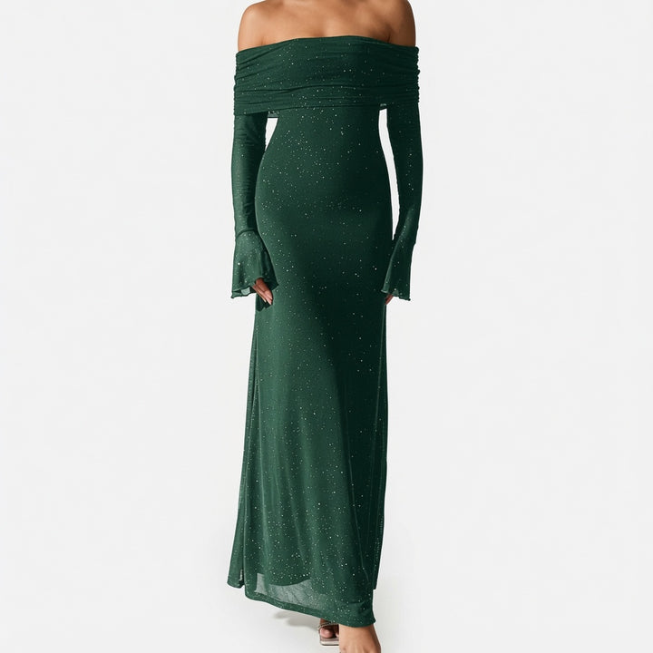 The Elara Stardust Off Shoulder Ruched Maxi Dress