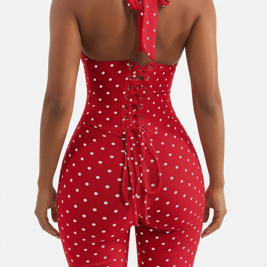 The Elara Polka Dot Fishbone Corset Capri Set