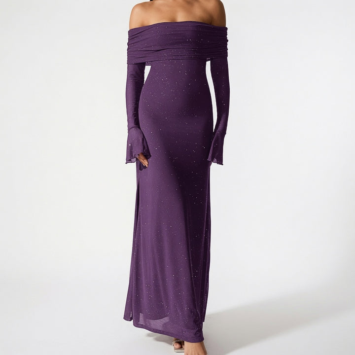 The Elara Stardust Off Shoulder Ruched Maxi Dress