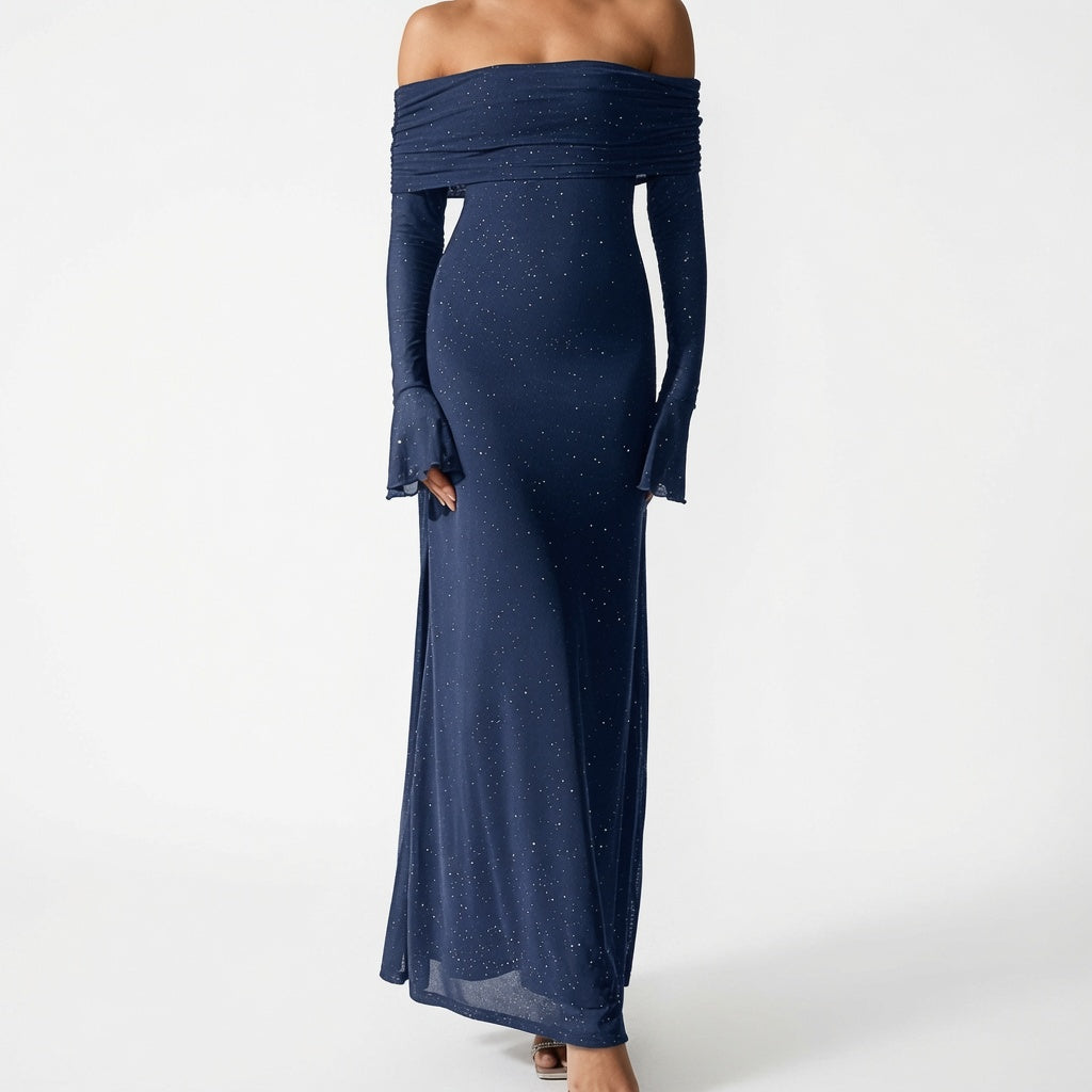 The Elara Stardust Off Shoulder Ruched Maxi Dress