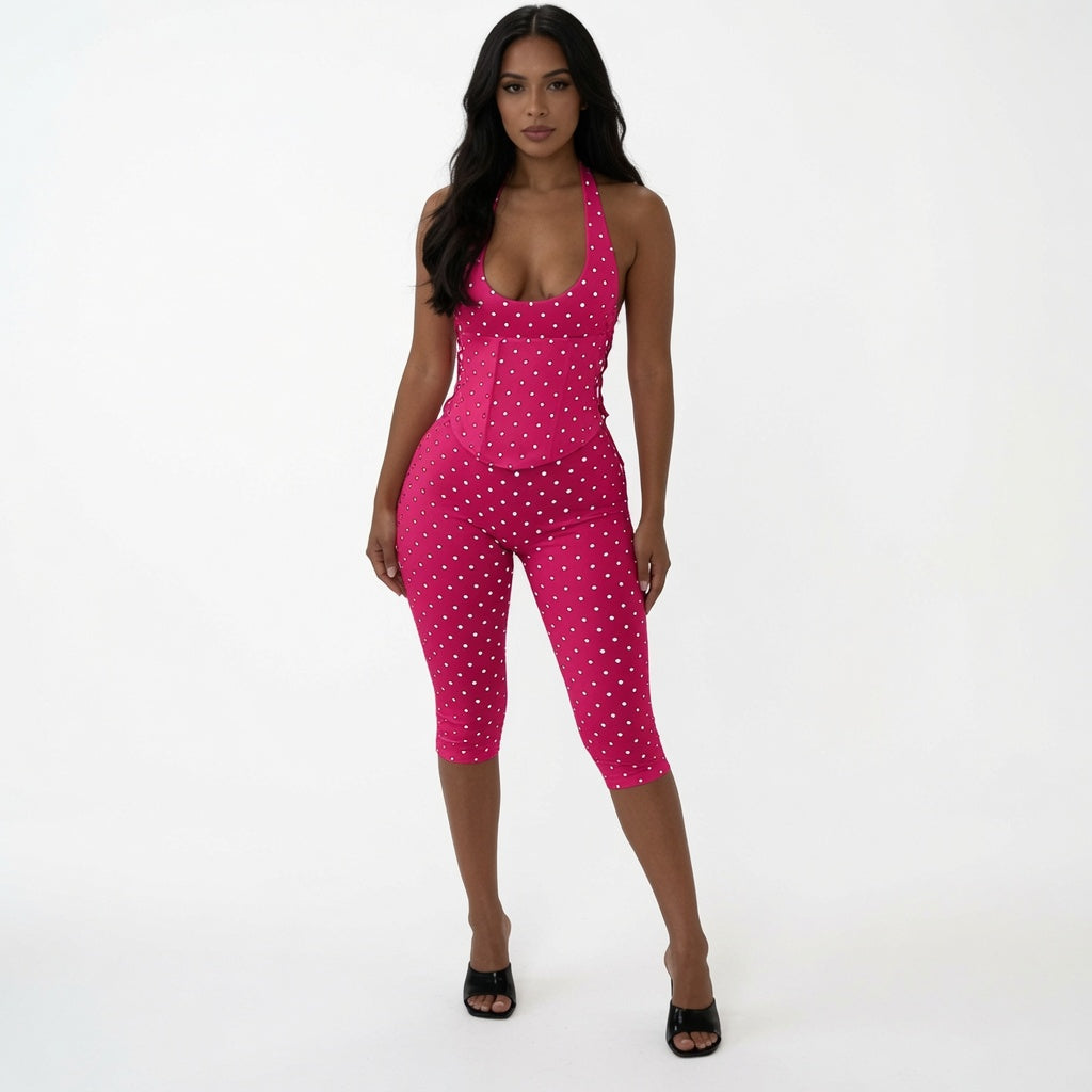 The Elara Polka Dot Fishbone Corset Capri Set