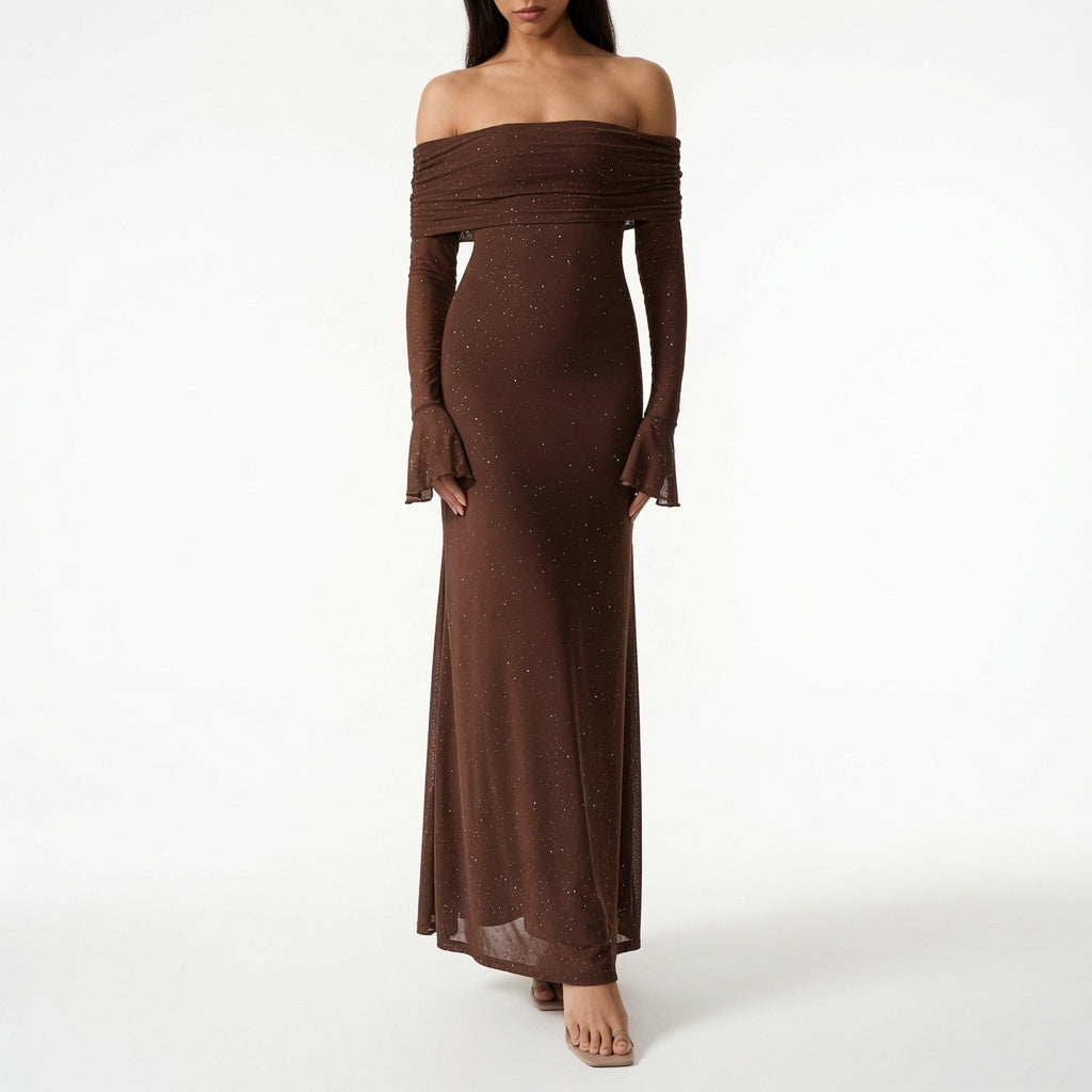 The Elara Stardust Off Shoulder Ruched Maxi Dress