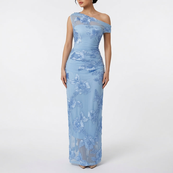 The Elara One-Shoulder 3D Floral Lace Maxi Dress
