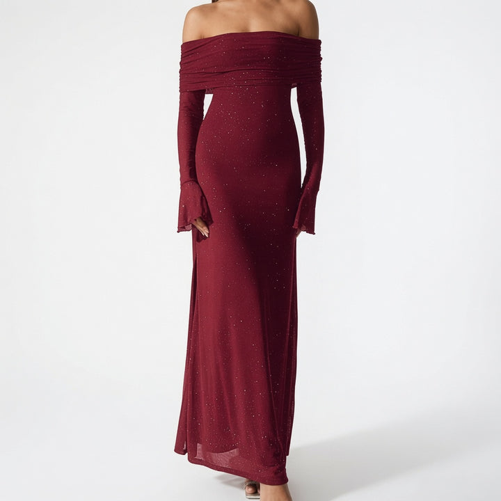 The Elara Stardust Off Shoulder Ruched Maxi Dress