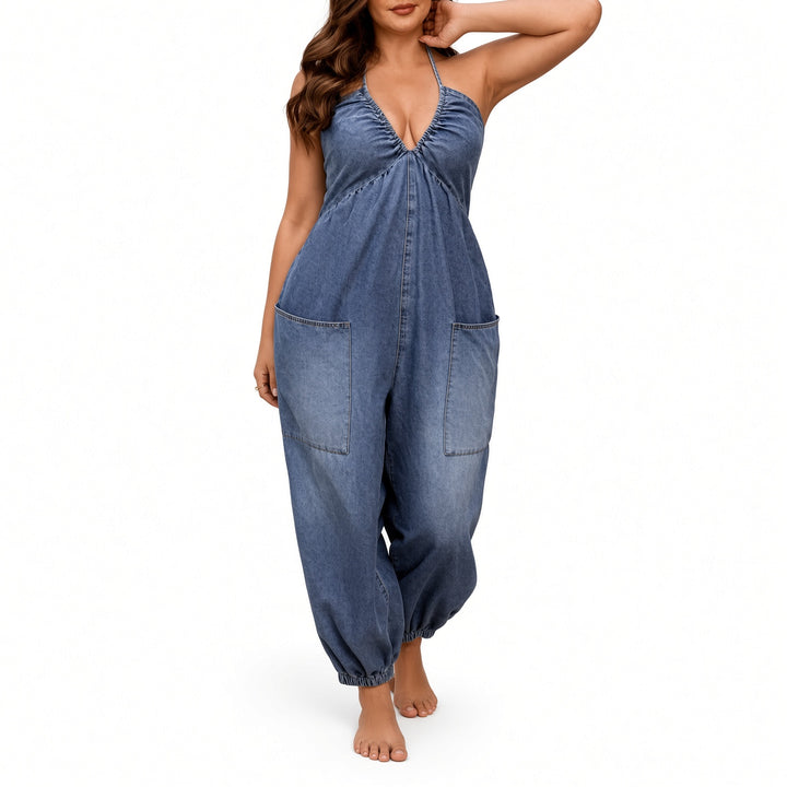 The Elara Plus Halter Denim Utility Jumpsuit