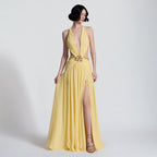 The Elara Deep V Backless Orchid Brooch Gown