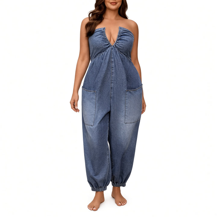 The Elara Plus Halter Denim Utility Jumpsuit