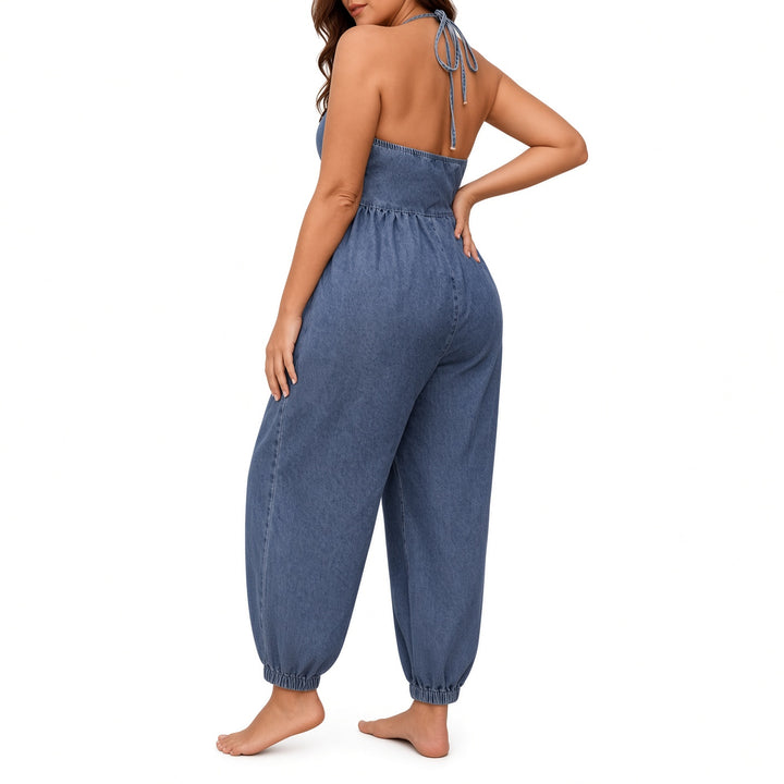 The Elara Plus Halter Denim Utility Jumpsuit