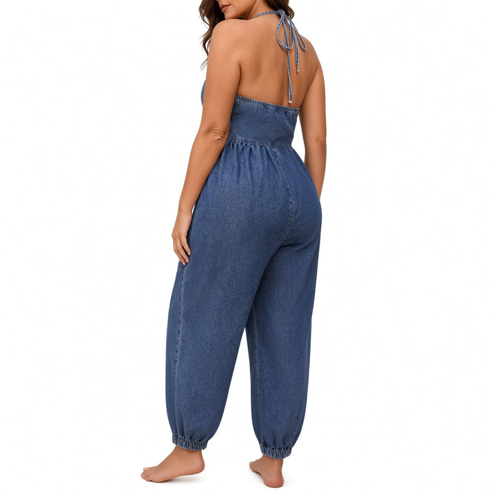 The Elara Plus Halter Denim Utility Jumpsuit