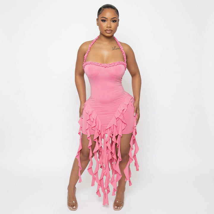 The Elara Fringed Halter Bodycon Mini