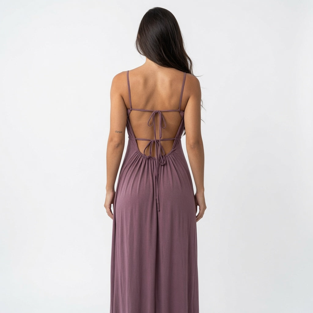 The Elara Ruched Tie Back Maxi Dress