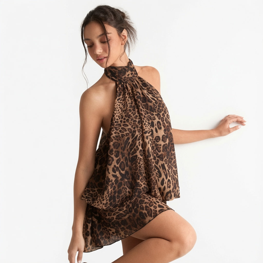The Elara Leopard Halter Ruffle Mini Dress