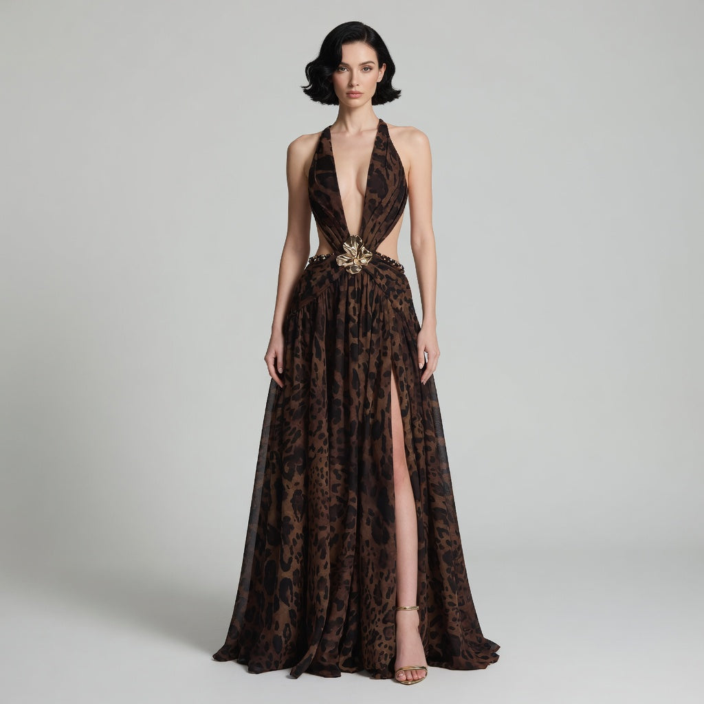 The Elara Deep V Backless Orchid Brooch Gown
