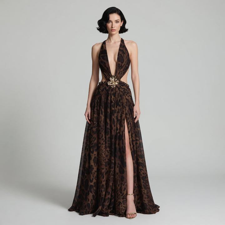 The Elara Deep V Backless Orchid Brooch Gown