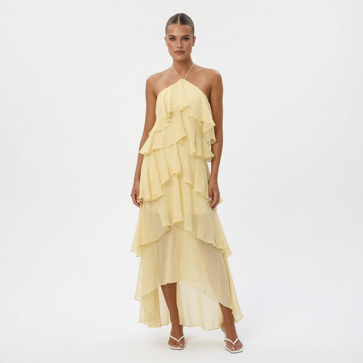 The Elara Cascading Ruffle Halter Dress