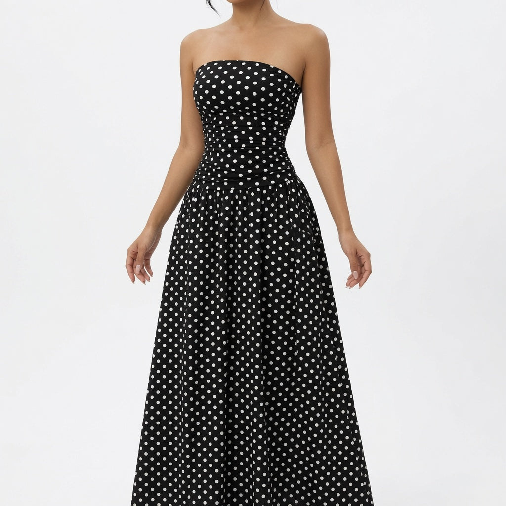 The Elara Stretch Polka Dot Maxi Dress