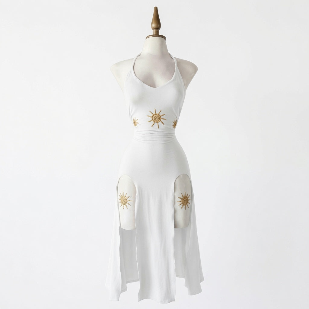 The Elara Sun Embroidered Halter Split Midi Dress