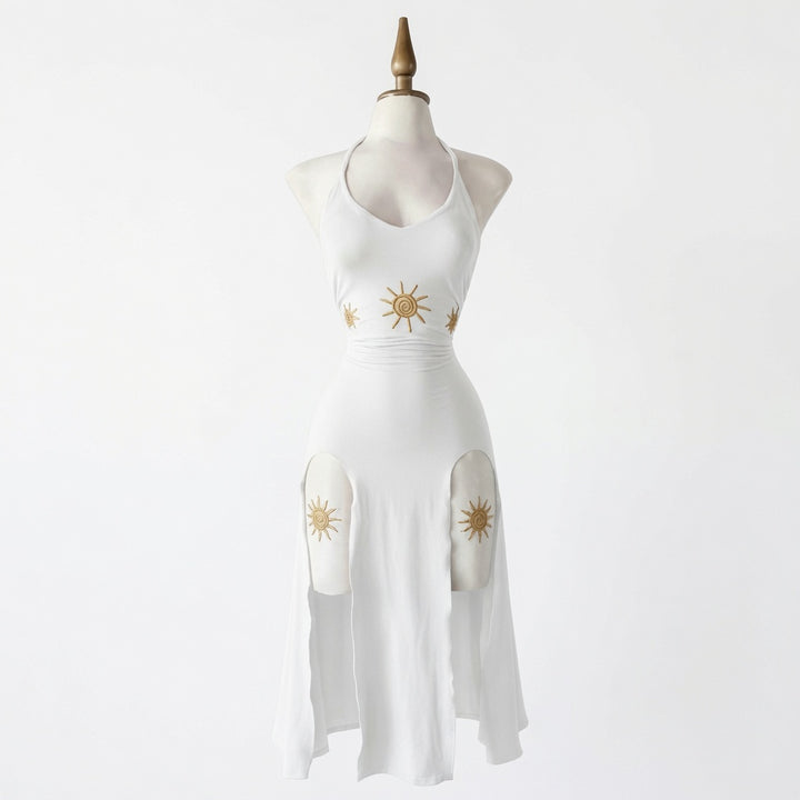 The Elara Sun Embroidered Halter Split Midi Dress