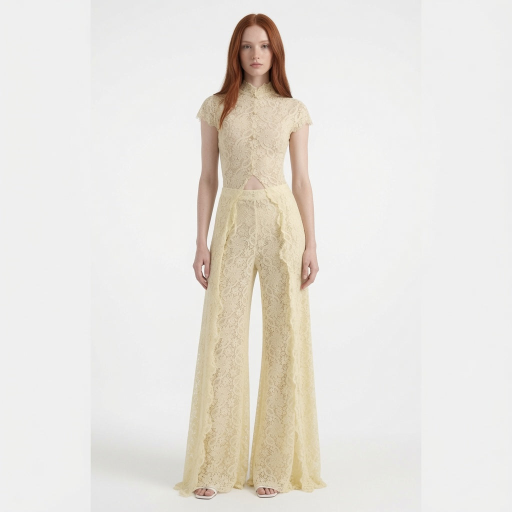 The Elara High Neck Lace Cutout Flowy Set