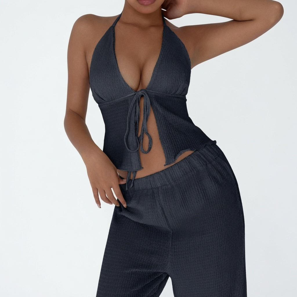 The Elara Crinkle Halter Wide-Leg Set