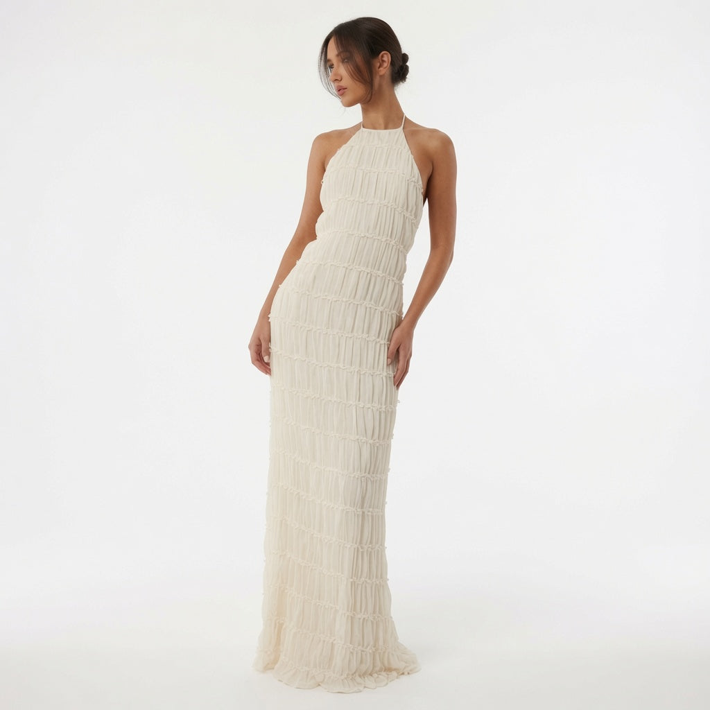 The Elara Tiered Crinkle Halter Maxi Dress