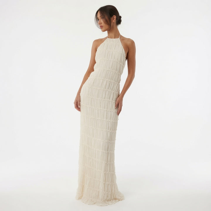 The Elara Tiered Crinkle Halter Maxi Dress