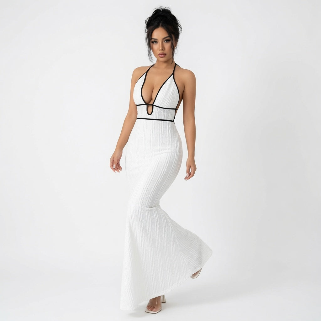 The Elara Contrast Trim Halter Backless Maxi Dress