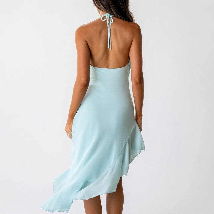 The Elara Mint Asymmetric Halter Ruffle Dress