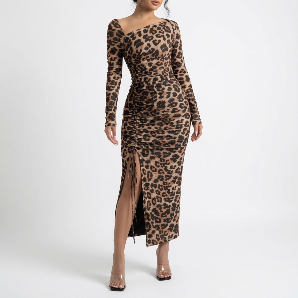 The Elara One-Shoulder Leopard Split Maxi