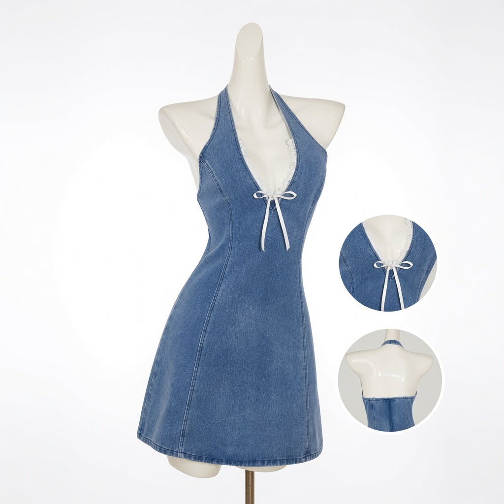 The Elara Lace Trim Halter Denim Mini Dress