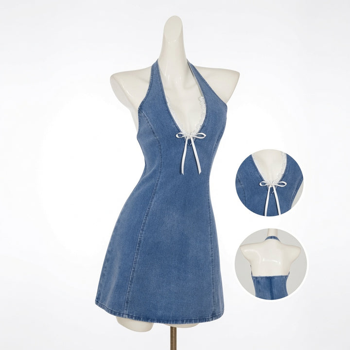 The Elara Lace Trim Halter Denim Mini Dress