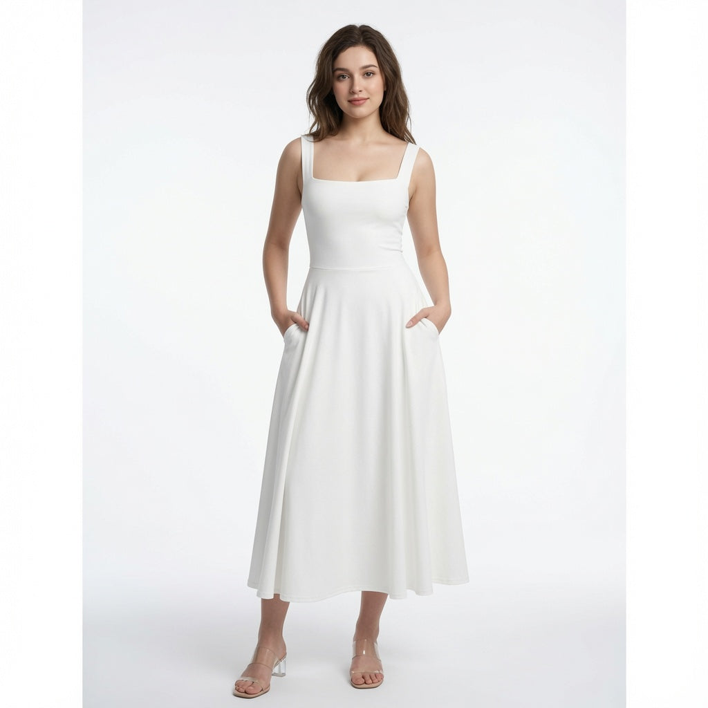 The Elara Square Neck Back Tie A-Line Midi Dress