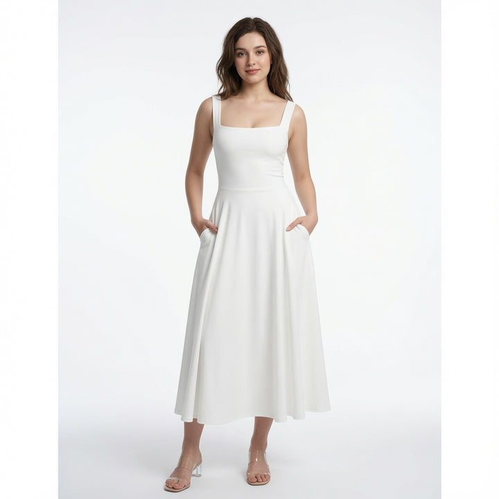 The Elara Square Neck Back Tie A-Line Midi Dress