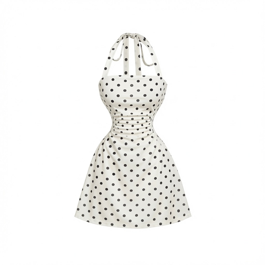 The Elara Polka Dot Cinched Waist Halter Mini
