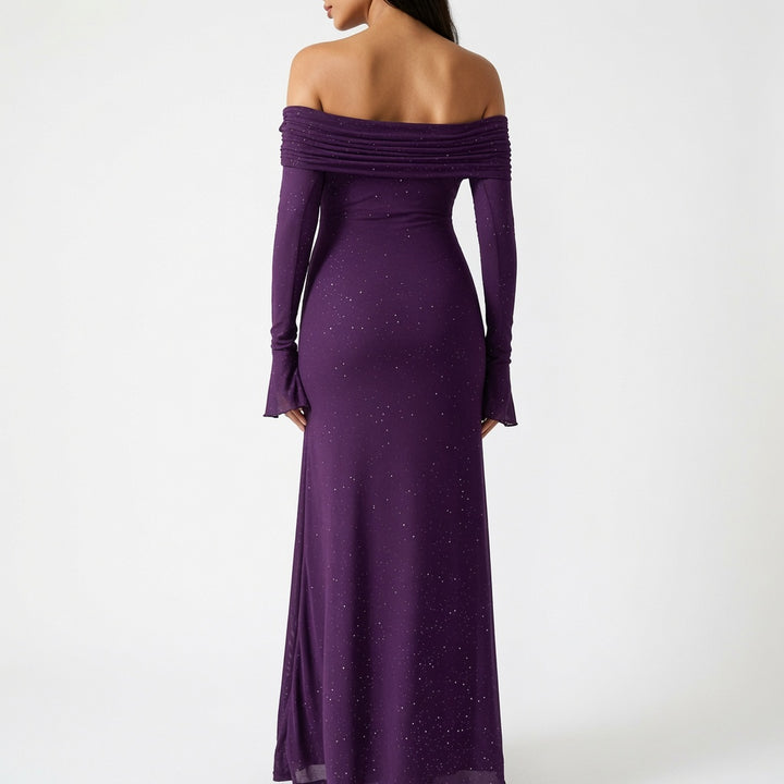 The Elara Stardust Off Shoulder Ruched Maxi Dress