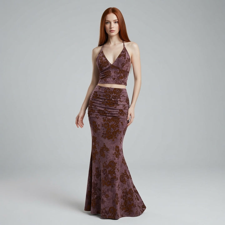 The Elara Floral Halter Deep V Ruched Fishtail Set