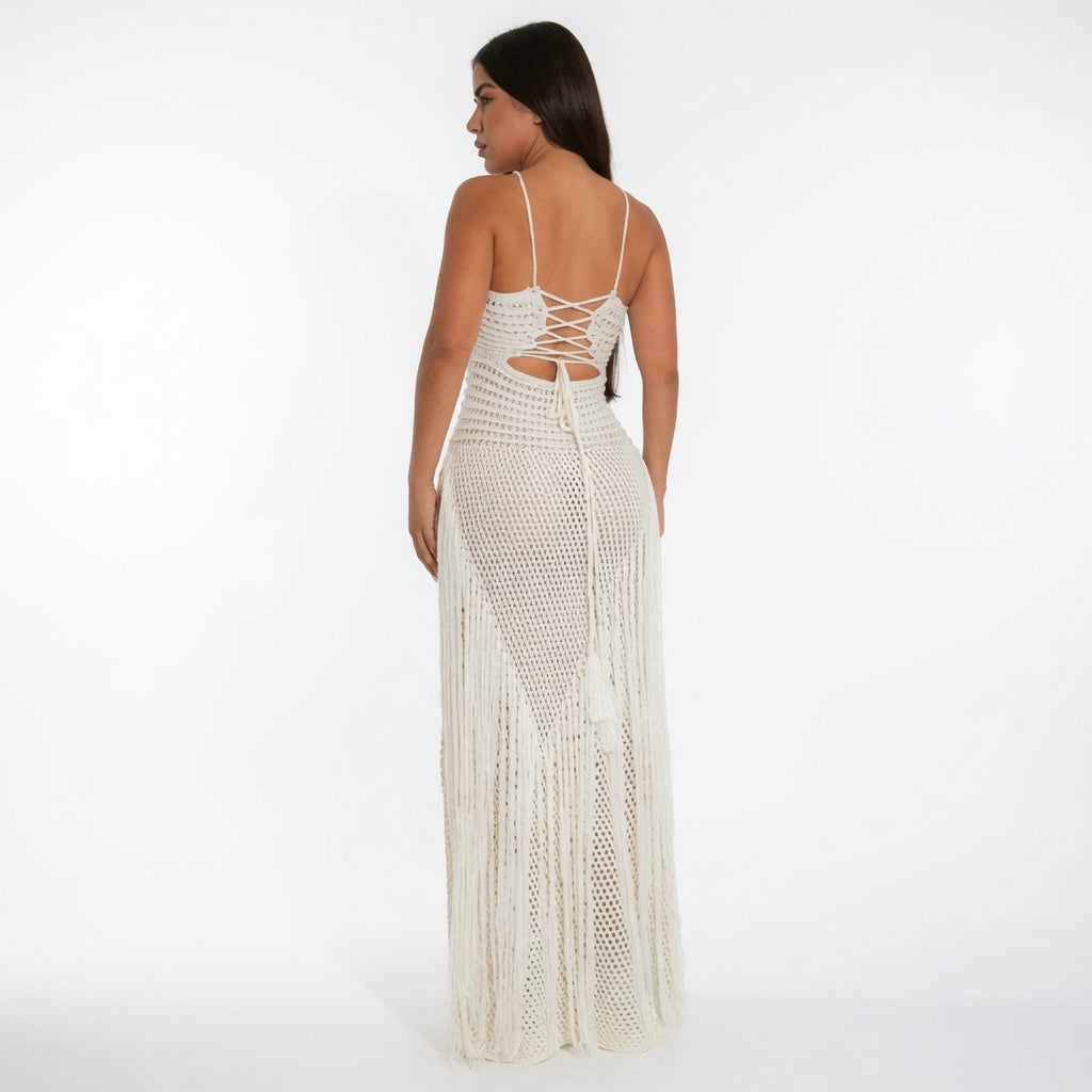 The Elara Boho Fringe Cutout  Crochet  Maxi Dress