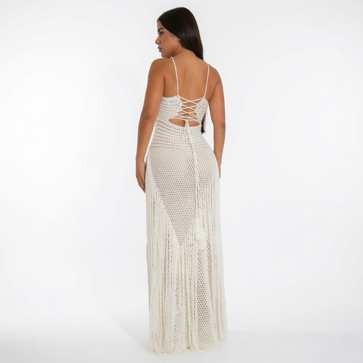 The Elara Boho Fringe Cutout  Crochet  Maxi Dress