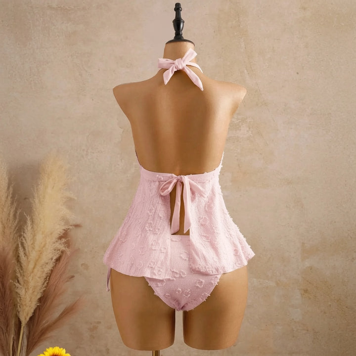 The Elara Floral Textured Halter Tankini Set with Tie Front