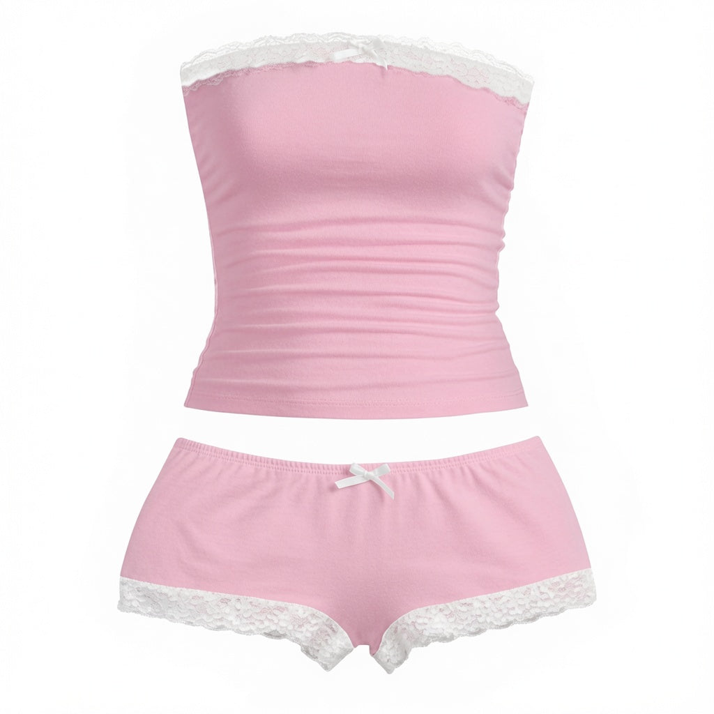 The Elara Ruched Lace-Trim Tube Top &amp; Shorts Set