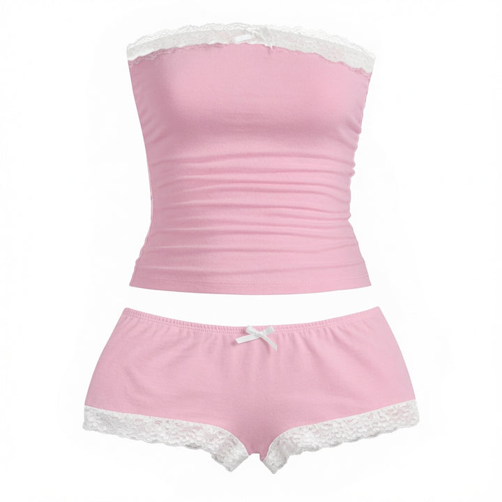 The Elara Ruched Lace-Trim Tube Top &amp; Shorts Set