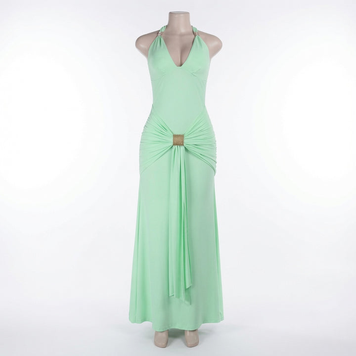 The Elara Celeste Gold Detail Halter Maxi Dress