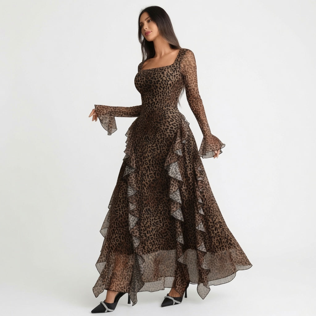 The Elara Leopard Ruffle Mesh Maxi Dress
