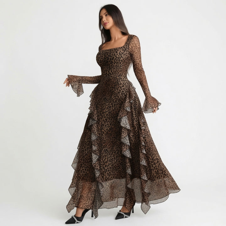 The Elara Leopard Ruffle Mesh Maxi Dress