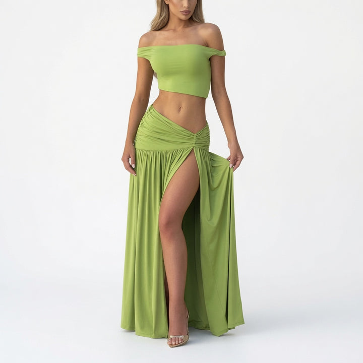 The Elara One Shoulder Ruched Split Maxi Skirt