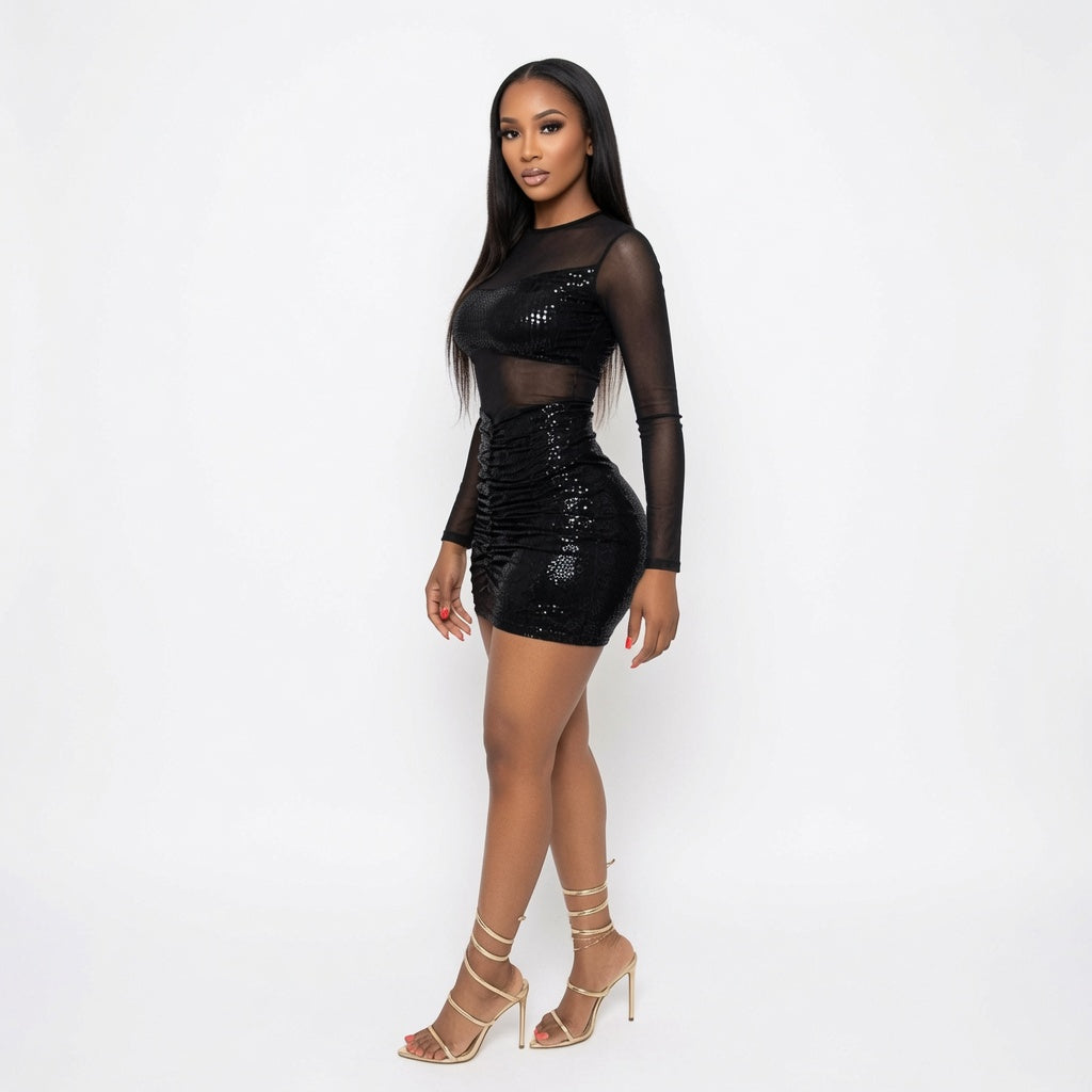 The Elara Sheer Mesh Ruched Bodycon Mini Dress