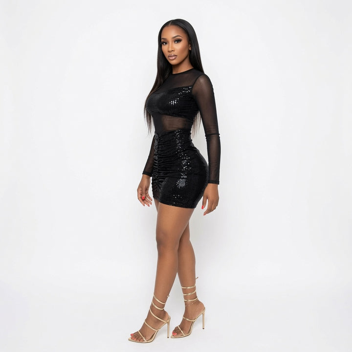 The Elara Sheer Mesh Ruched Bodycon Mini Dress