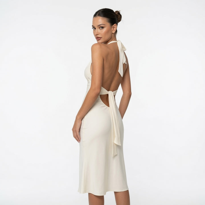 The Elara Halter Tie Back Mermaid Maxi Dress