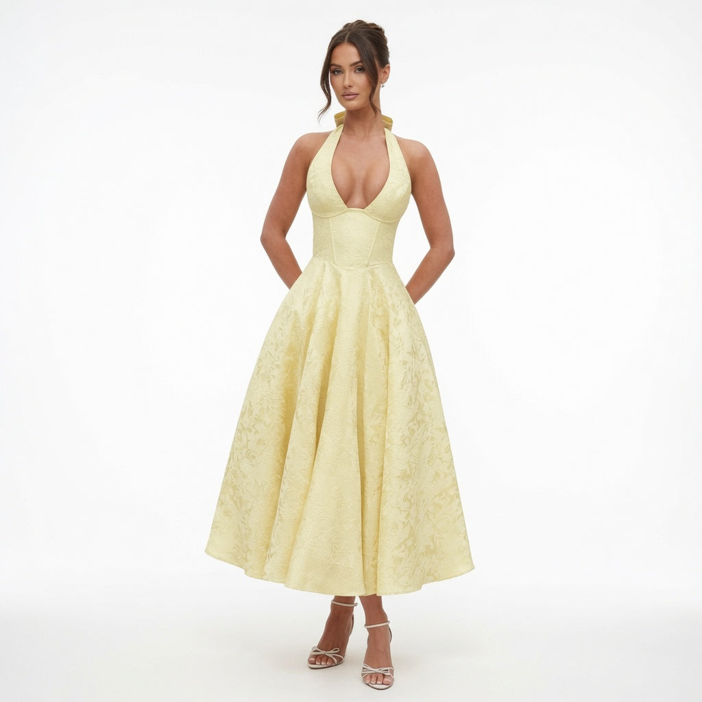 The Elara Romantic Jacquard Halter Dress