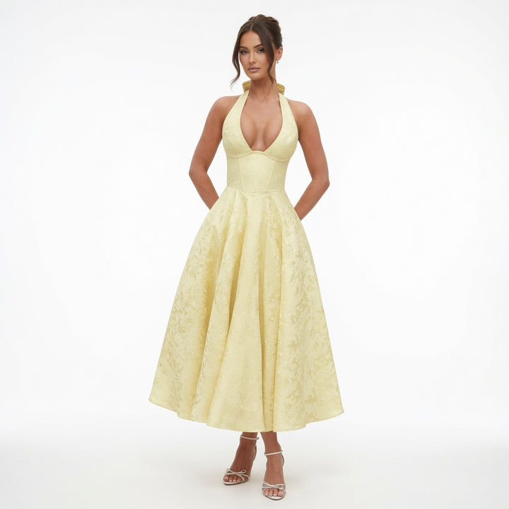 The Elara Romantic Jacquard Halter Dress